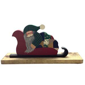 Vintage Handmade Santa Claus Sleeping in Sleigh Mantel Decor Wooden Hand Painted